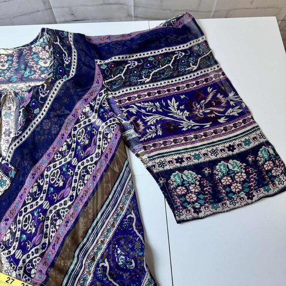 Black Poppy Boho Sheer Peasant Blouse | Small | Purple Multicolor Print - Picture 3 of 6